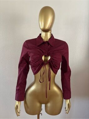 Women's Burgundy Ruched Heart-Cut Button-Down Crop Shirt